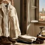 Worn-in vintage menswear jacket with softened fabric and subtle patina photographed in a refined Florence-inspired setting