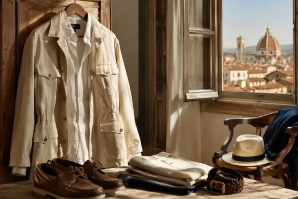 Worn-in vintage menswear jacket with softened fabric and subtle patina photographed in a refined Florence-inspired setting
