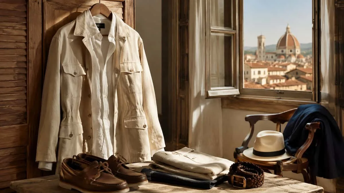 Worn-in vintage menswear jacket with softened fabric and subtle patina photographed in a refined Florence-inspired setting