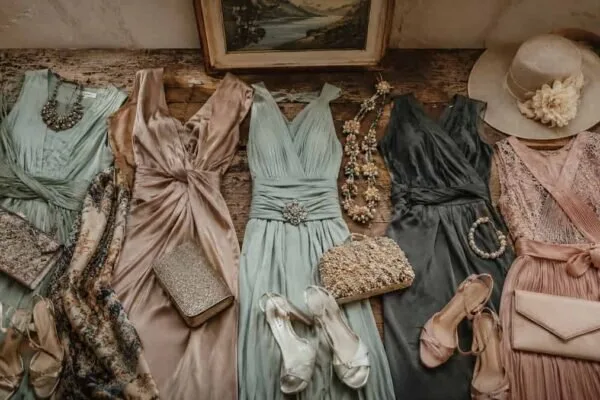 Vintage occasionwear dresses and accessories arranged for wedding guest dress codes and second hand event dressing