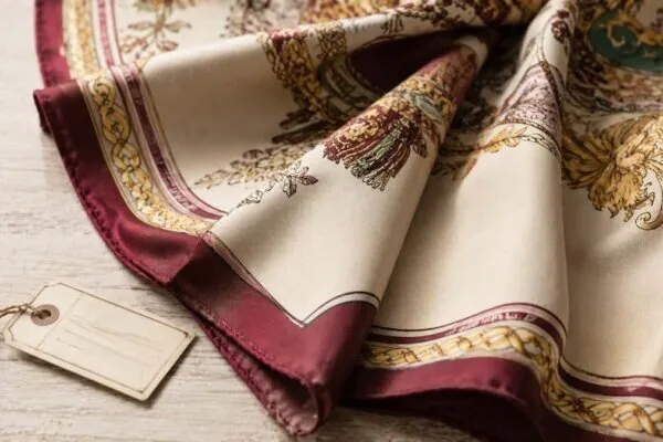 Vintage silk scarf folded and partially opened on a neutral surface, showing printed border, rolled hem, color details and textile texture.