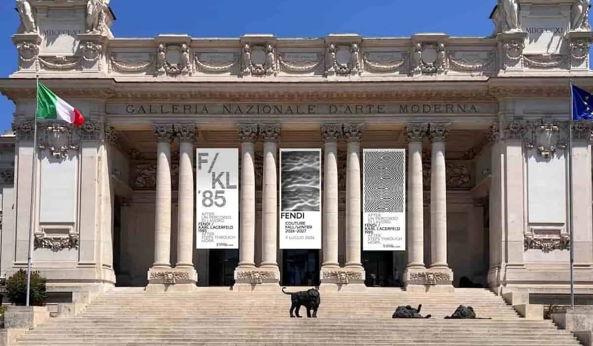 Roman architectural stone facade and elegant luxury window detail evoking Fendi heritage in Rome.
