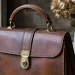 Vintage leather handbag on a table with visible patina, stitching, handles and metal closure
