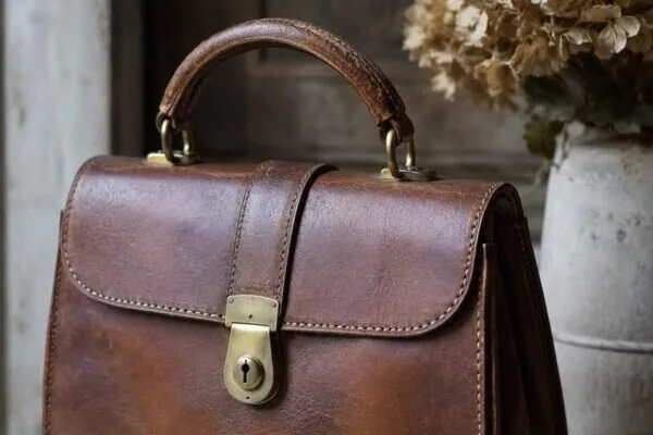 Vintage leather handbag on a table with visible patina, stitching, handles and metal closure