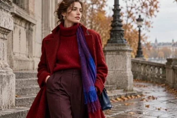 Autumn outfit using red as the dominant colour in a vintage-inspired wardrobe